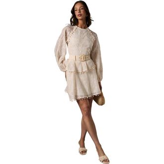 Coast Long Sleeve Tiered Skirt Belted Dress in Cream at Nordstrom, Size 12