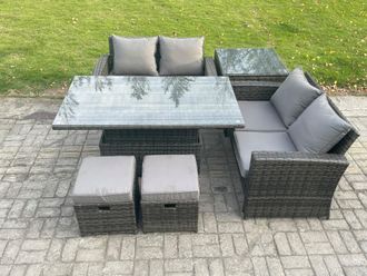 Fimous Garden Furniture Sets Poly Rattan Outdoor Patio Height Adjustable Rising Lifting Table Sofa Dining Set with Side Table 2 Small Footstools