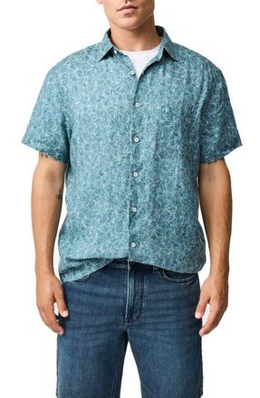 Rodd & Gunn Whitlaker Leaf Print Short Sleeve Linen Button-Up Shirt in Bluestone at Nordstrom, Size Xxx-Large