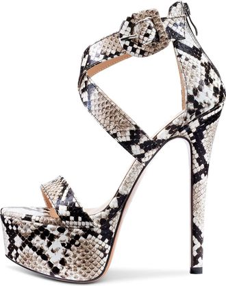 Castamere Womens Open Toe Ankle-Strap Sandals Platform Stilettos 6IN High Heel Beige Snake Shoes UK 2