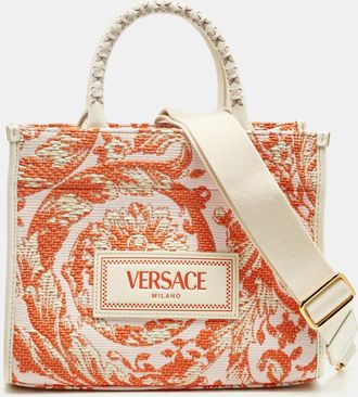 Versace Orange/pink Canvas And Raffia Small Barocco Athena Tote