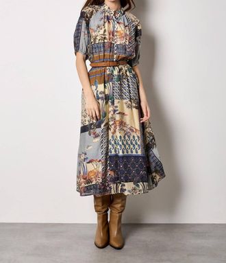 Apricot Patchwork Art Midi Dress In Navy