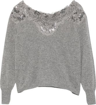 Ermanno Scervino Grey Sequin Lace Trim Cashmere Off-the-Shoulder Top