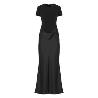 Rotate Lange jurk met korte mouwen en draperie - Dames - Avondkleed - Zwart - M - Leer - Kleedjes