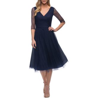 La Femme Tea Length Tulle Dress with Beading and Sheer Sleeve in Navy at Nordstrom, Size 10