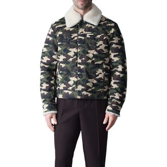 Mackage Nash Camo Cotton Trucker Jacket with Removable Genuine Shearling Collar in Camouflage Print at Nordstrom Rack, Size 44