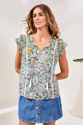 Tribal Poplin Frill Cap Sleeves Novelty Blouse In Rain Forest