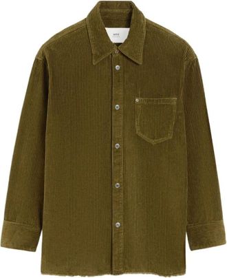 Ami Geribbeld Olijfgroen Overhemd Jas - Heren - Casual Overhemden - Groen - M - Overhemden