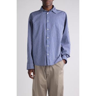 Balenciaga Oversize Stripe Cotton Blend Button-Up Shirt in Navy/White at Nordstrom, Size Medium