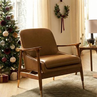 Castlery Desmond Mid-Century Modern Armchair, Wooden Frame, Brass-Tipped Legs, Brown