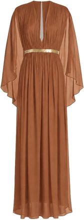 Alberta Ferretti Lange zijden japon met schouderonthullende cape - Dames - Jurken - Bruin - Maat: 2XL Zijde