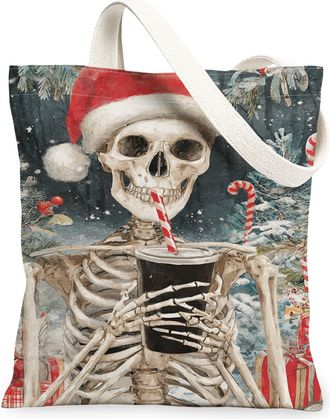 Generic Halloween Skeleton Canvas Tote Bags, Spooky Skull Design Reusable Bags, Winter Vintage Lightweight Washable Shoulder Strap, Multi-color, 13x15 Inch