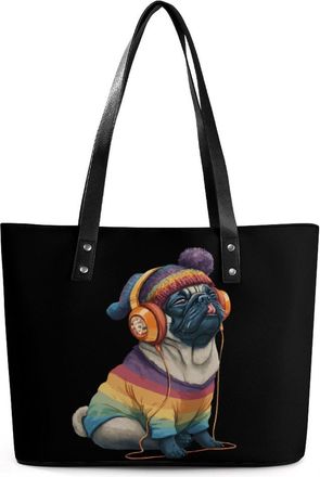 Generic Music Lover Pug Tote Bags for Women Cute Shoulder Purses Handbags