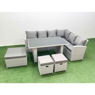 Fimous Outdoor Garden Furniture Sets 9 Seater Wicker Rattan Corner Sofa Sets with Rectangular Dining Table Lounge Sofa 3 Footstools Light Grey - Fimous