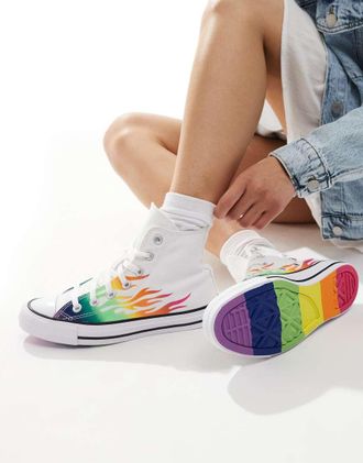 Converse Chuck Taylor All Star Pride Hi - Sneakers alte bianche con fiamme multicolore-Bianco