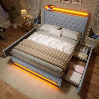 Merax Double Storage Bed Frame with 4 Drawers, LED & USB Charging Headboard in Grey
