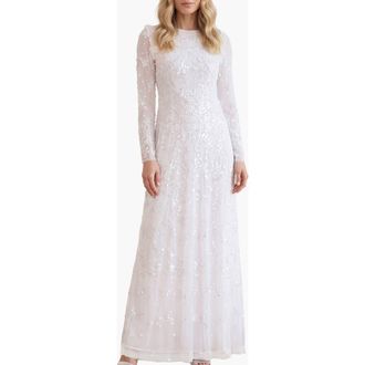 Needle & Thread Freya Long Sleeve Gown in Swan White at Nordstrom, Size 12