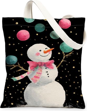 Generic Winter Snow Man Canvas Tote Bags, Holiday Cheer Reusable Bags, Vintage Floral Lightweight Washable Shoulder Strap for Travel Picnic 13x15 Inch