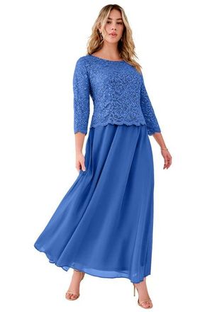 Roaman's Plus Size Sequin Lace Three Quarter Sleeve A-Line Gown in True Blue at Nordstrom, Size 28P