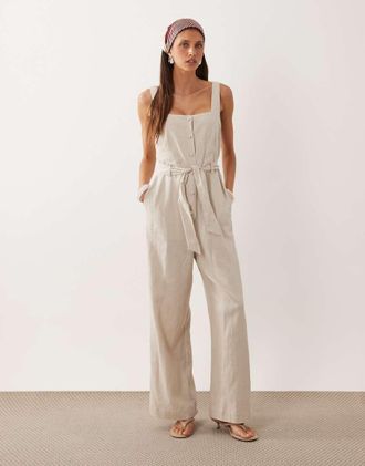 Mango Tuta jumpsuit allacciata in vita in misto lino beige-Neutro