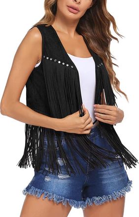 Generic Tassel Waistcoat Women Tassel Vest 70S Hippie Faux Suede Fringe Jacket Cardigan Solid Color Open Front Sleeveless Jackets Womens Summer Buttonless Top