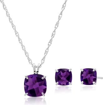 MAX + STONE 925 Sterling Silver Cushion Cut Gemstone Stud Earrings and Pendant Necklace