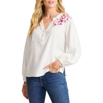 Tommy Bahama Coastal Tide Embroidered Linen Blend Peasant Top in Bright Rose at Nordstrom, Size X-Small