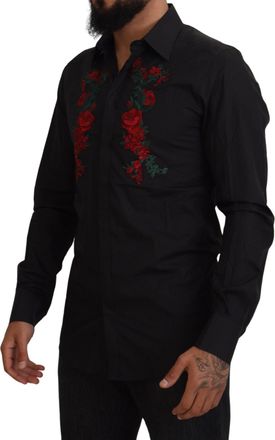 Dolce & Gabbana Black Floral Embroidery Men Long Sleeves Gold Shirt Cotton