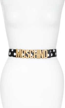 Moschino Logo Plate Polka Dot Saffiano Leather Belt in Black/Gold at Nordstrom, Size 42