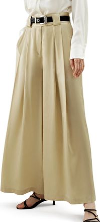 LilySilk Ultra-Shiny Silk Wide Leg Pants for Women High Waisted Zipper Fly Straight Pants with Side Pockets(Beige,UK 16)