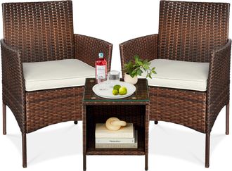 Best Choice Products 3-Piece Outdoor Wicker Conversation Patio Bistro Set, w/ 2 Chairs, Table - Brown/White Sand