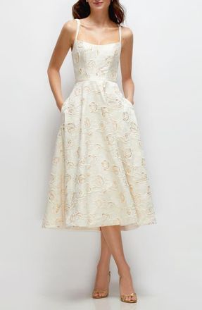 The Dessy Group Metallic Rosette Cocktail Midi Dress in Ivory Gold Rosette at Nordstrom, Size 14