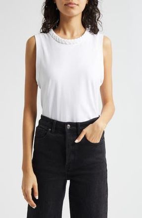 Cinq &agrave; Sept Braid Accent Sleeveless Cotton T-Shirt in White at Nordstrom Rack, Size X-Small