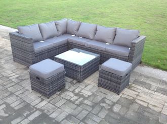 Fimous 8 Seater Rattan Corner Sofa Set With Square Coffee Table Footstools in Dark Grey