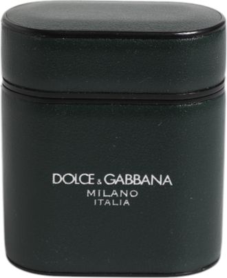 Dolce & Gabbana Mens Green Calfskin Leather Logo Print Flip Holder Airpods Case Black Calf Accessory