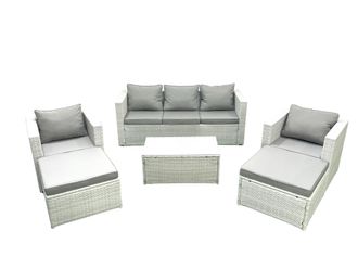 Fimous 7 Seater Rattan Garden Furniture Set with 3 Seater Sofa 2 Chair Rectangular Coffee Table 2 Big Footstools Light Grey Mixed