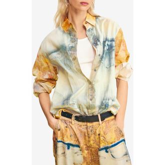 Desigual Mixed Media Button-Up Shirt in Medium Beige at Nordstrom, Size Small