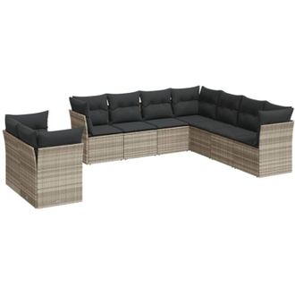 vidaXL Set Muebles Jard&iacute;n 9 Pzas Y Cojines Rat&aacute;n Sint&eacute;tico Gris Claro Vidaxl