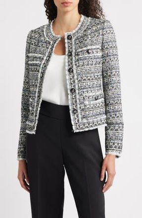 Elie Tahari The Dakota Fringe Trim Tweed Jacket in Castle Blue Tweed at Nordstrom Rack, Size X-Small