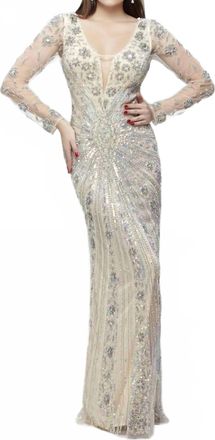 Primavera Full Sleeved Embroidered Formal Gown In Nude