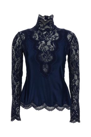 Paco Rabanne Blue Stand Collar Scalloped Lace Top