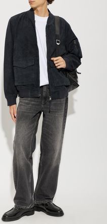 AllSaints Rokko Suede Bomber Jacket, Mens, Navy Blue