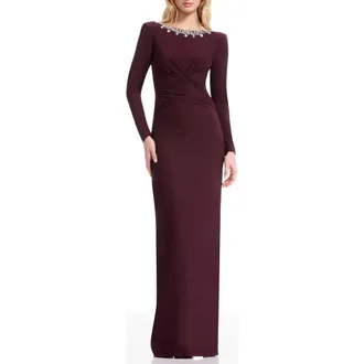 Dress The Population Anne Embellished Long Sleeve Column Gown in Dark Cherry at Nordstrom Rack, Size Xx-Large