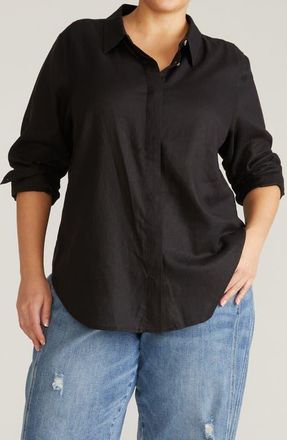 Universal Standard Elbe Long Sleeve Button-Up Shirt in Black at Nordstrom, Size Xl