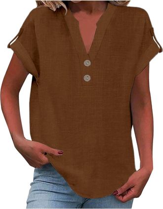 Generic Summer Linen Tops for Women Trendy 2025 Dressy Short Sleeve V Neck Button Down Shirts Loose Tunic Shirt Blouses(Coffee,Large)