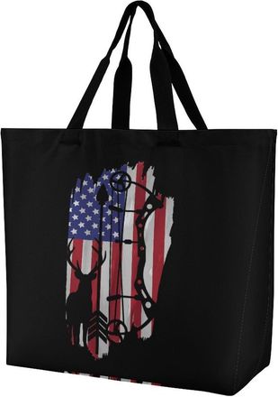 Generic Bow Hunting U.S. Flag Reusable Shopping Bags Large Capacity Grocery Bag Heavy Duty Tote for Women 40x40x16cm