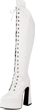 Generic Womens Lace Up Gothic Punk Boots with Zipper Pointed Toe Platform Long Boots Chunky High Heel Over The Knee Boot,White,4.5 UK