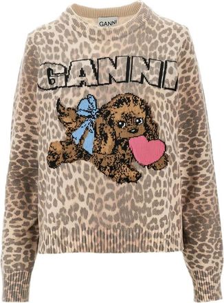Ganni Puppy Wool Sweater - Dames - Ronde hals truien - Beige - M - Wol - Truien & Vesten