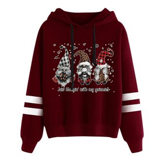 Generic Autumn Winter Christmas Hoodies for Women UK Casual Loose Dwarf Gonk Print Cropped Jumpers Sweatshirts Plus Size Lightweight Warm Hoodies Going Out To