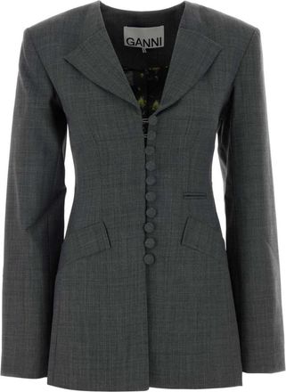 Ganni Grey Solid Notched Lapel Blazer